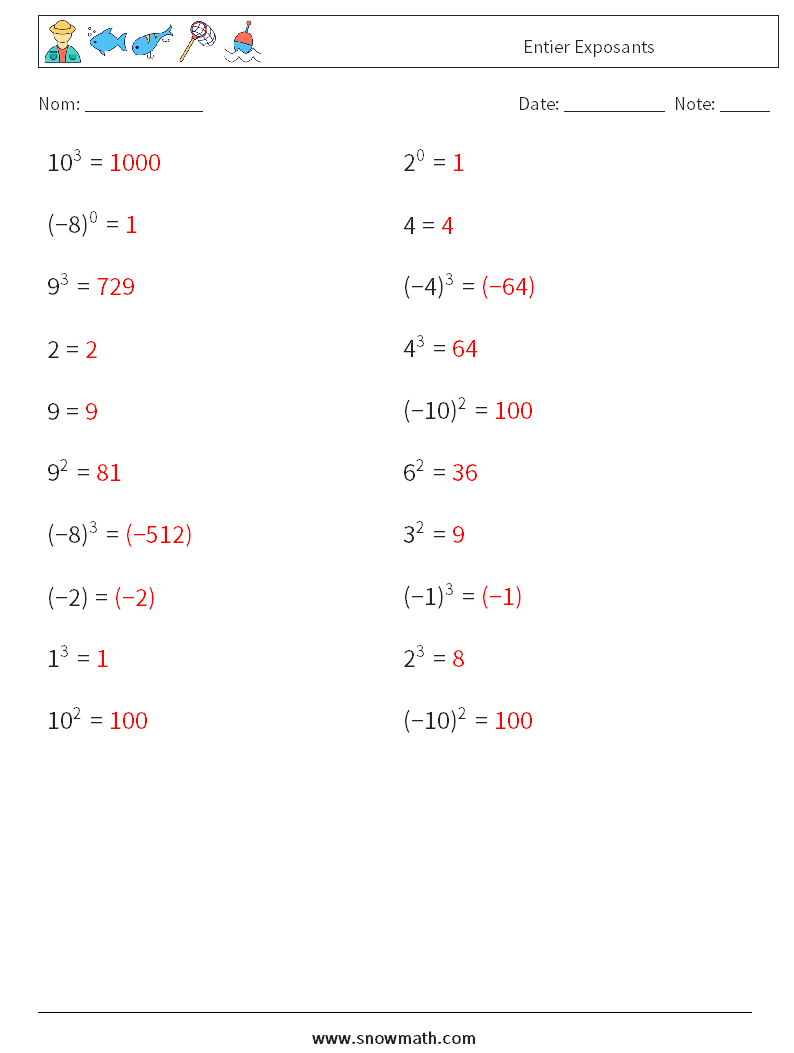 Entier Exposants Fiches d'Exercices de Mathématiques 7 Question, Réponse