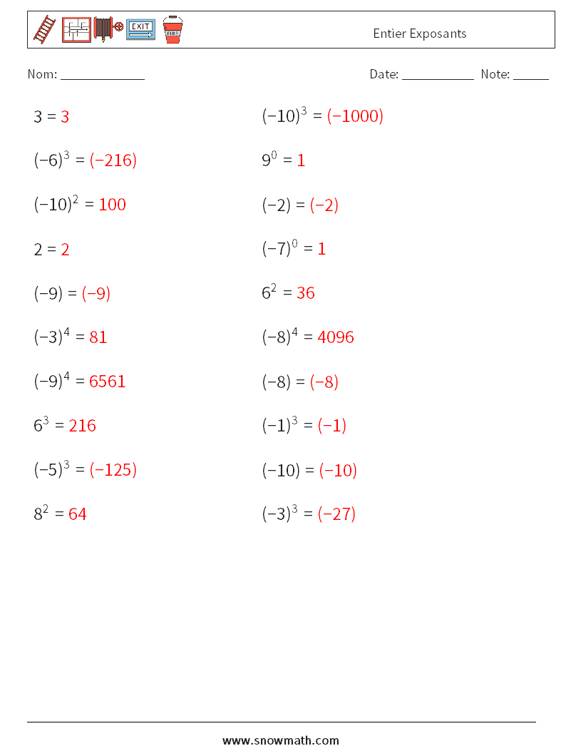 Entier Exposants Fiches d'Exercices de Mathématiques 8 Question, Réponse