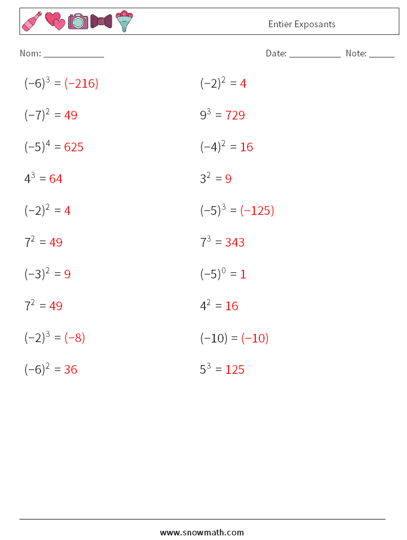Entier Exposants Fiches d'Exercices de Mathématiques 9 Question, Réponse