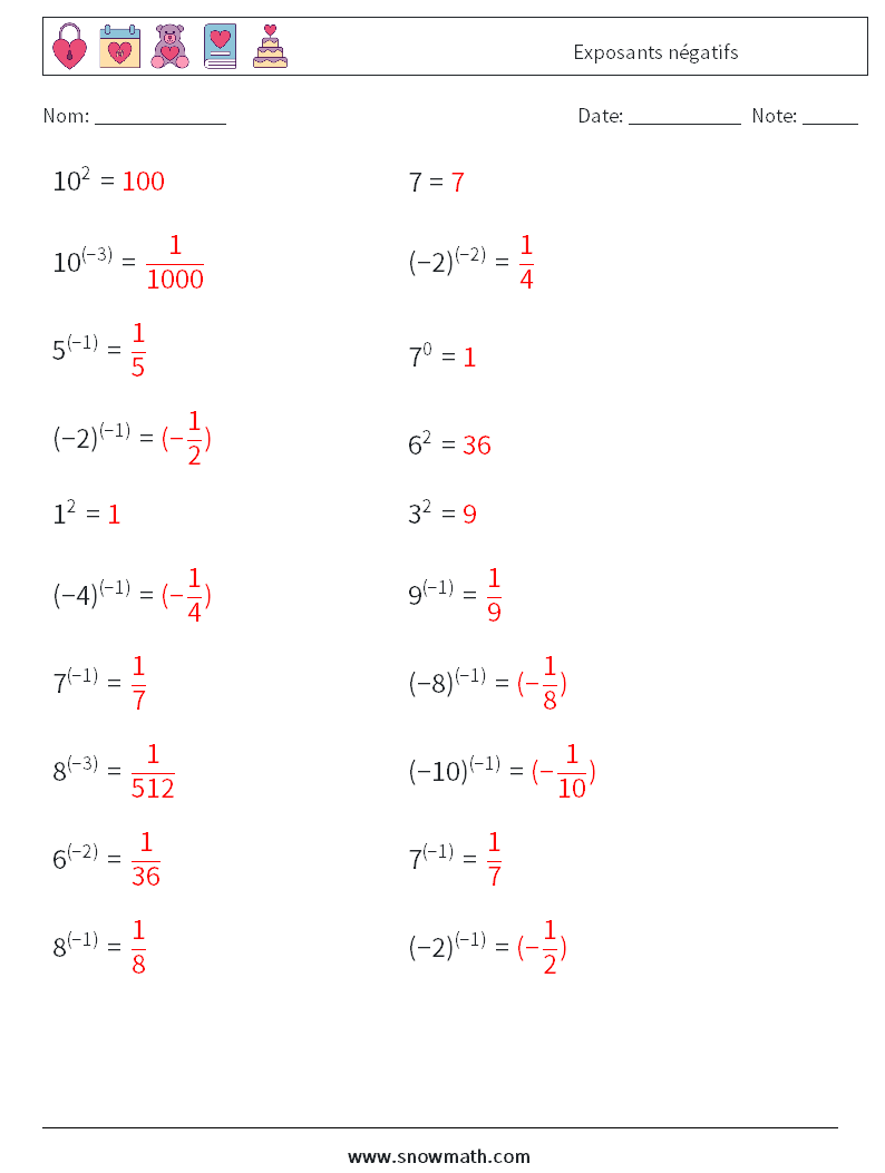  Exposants négatifs Fiches d'Exercices de Mathématiques 3 Question, Réponse