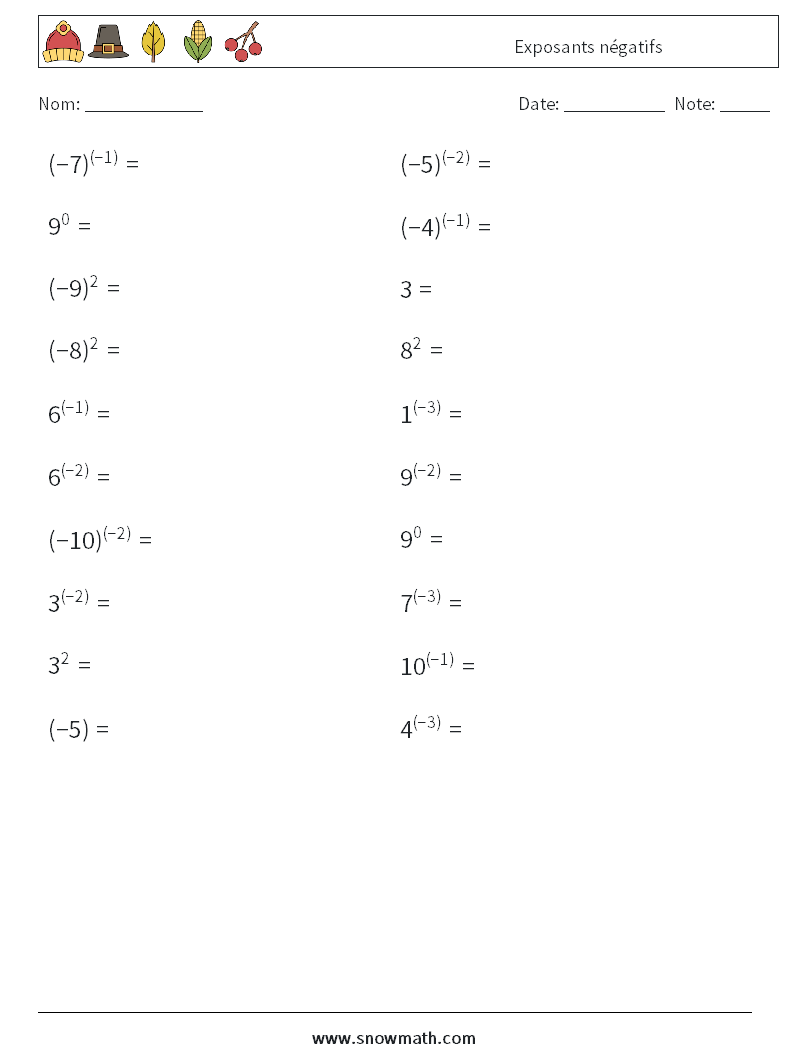  Exposants négatifs Fiches d'Exercices de Mathématiques 4