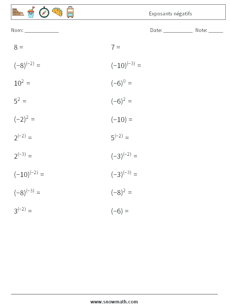  Exposants négatifs Fiches d'Exercices de Mathématiques 5
