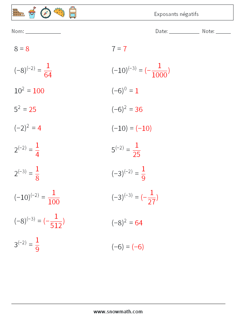  Exposants négatifs Fiches d'Exercices de Mathématiques 5 Question, Réponse