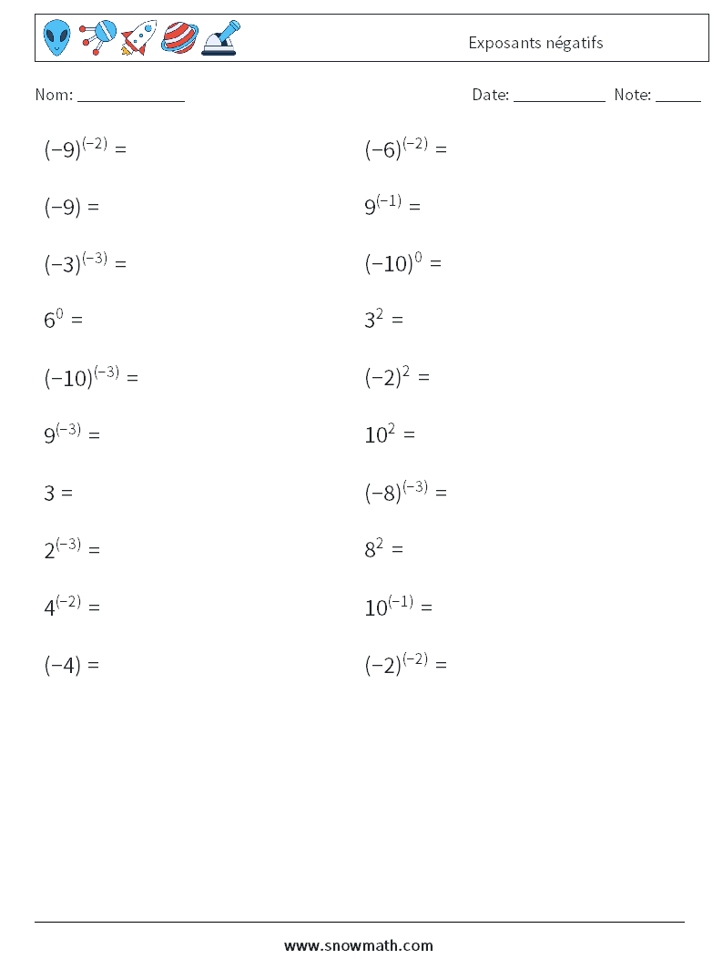  Exposants négatifs Fiches d'Exercices de Mathématiques 6