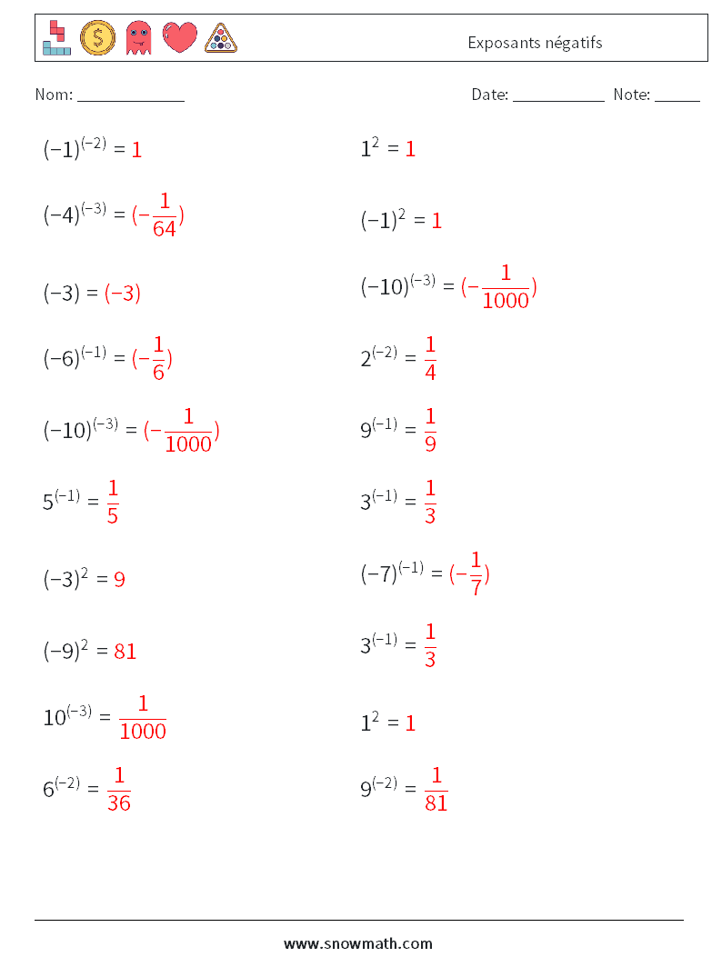  Exposants négatifs Fiches d'Exercices de Mathématiques 7 Question, Réponse