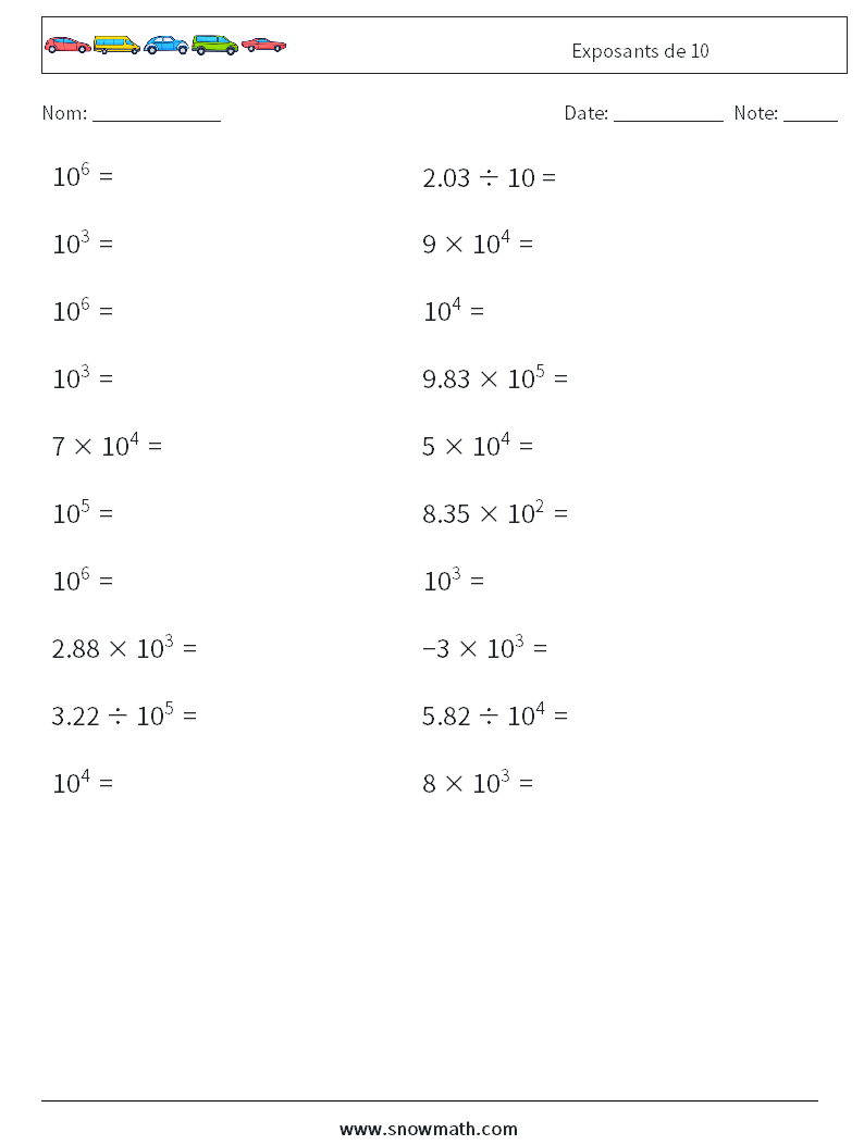 Exposants de 10 Fiches d'Exercices de Mathématiques 1