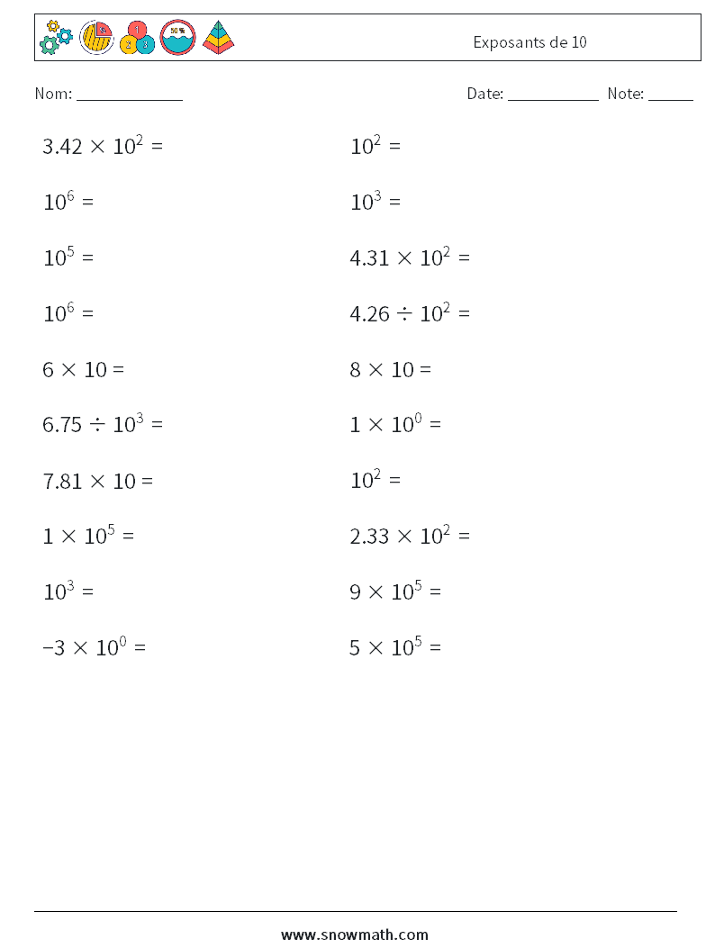 Exposants de 10 Fiches d'Exercices de Mathématiques 2