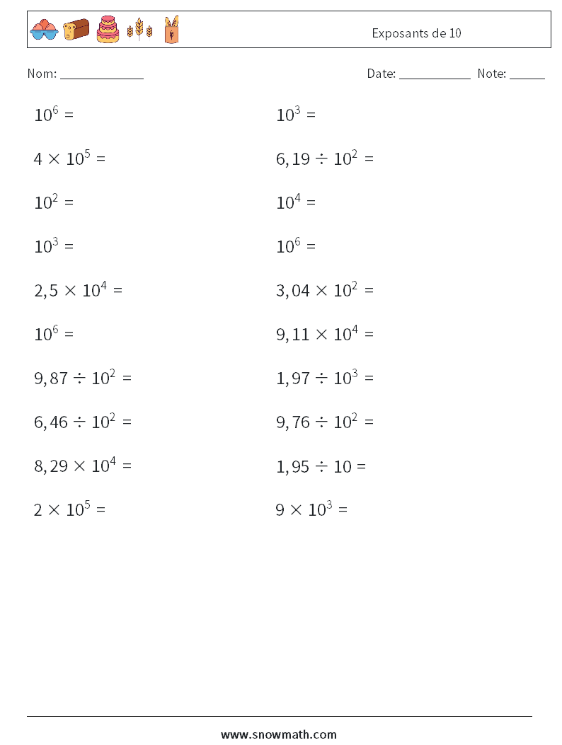 Exposants de 10 Fiches d'Exercices de Mathématiques 3