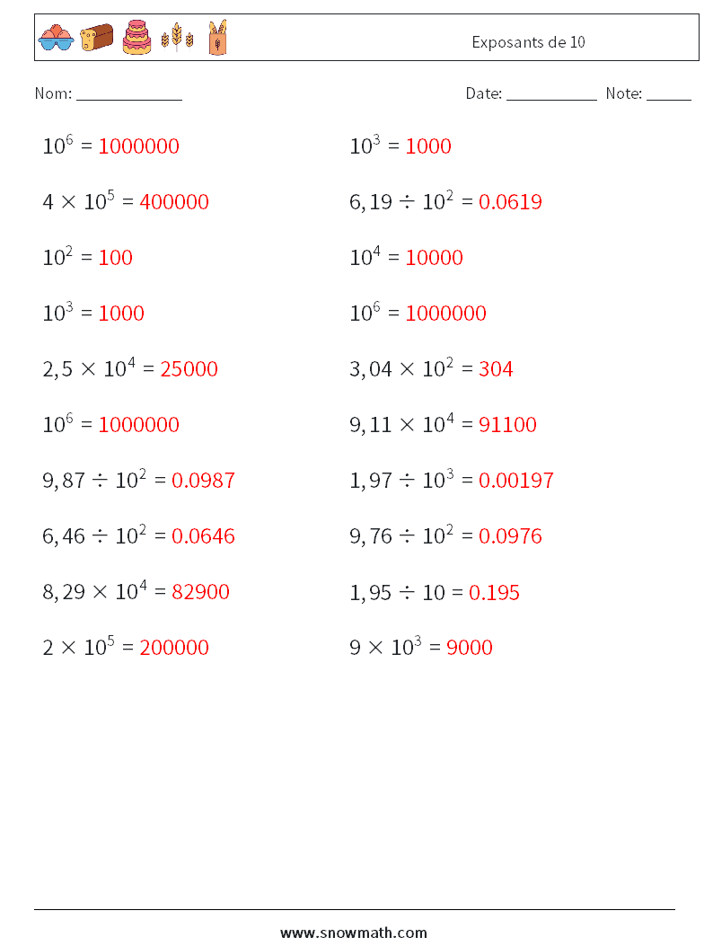 Exposants de 10 Fiches d'Exercices de Mathématiques 3 Question, Réponse