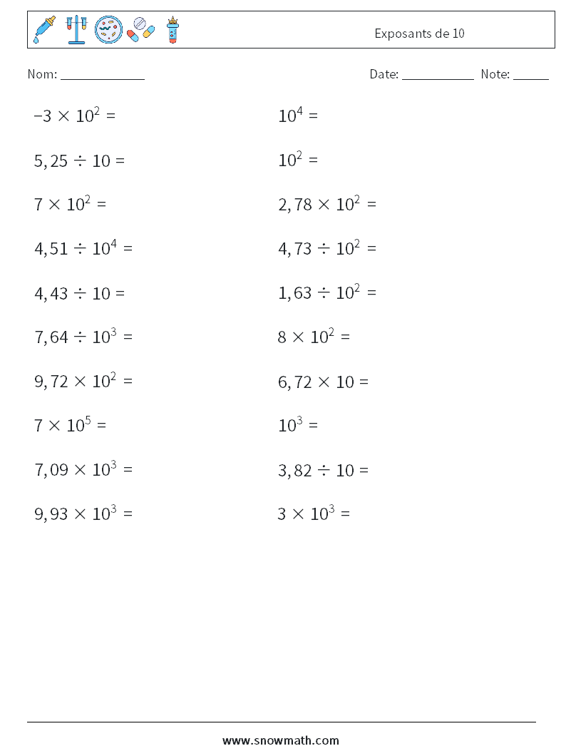 Exposants de 10 Fiches d'Exercices de Mathématiques 5