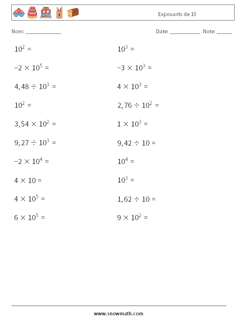 Exposants de 10 Fiches d'Exercices de Mathématiques 6