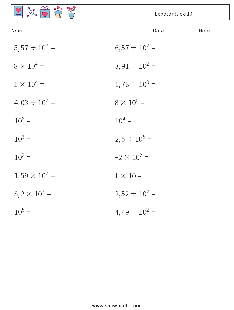 Exposants de 10 Fiches d'Exercices de Mathématiques 7