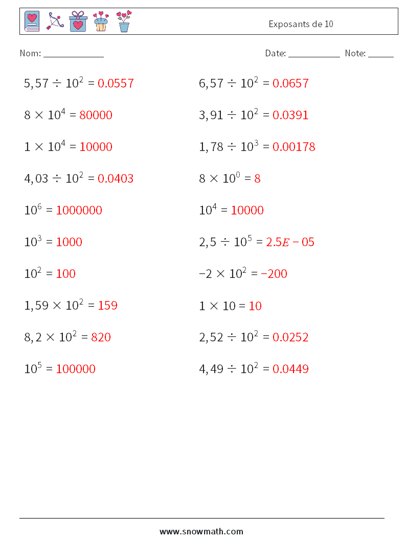 Exposants de 10 Fiches d'Exercices de Mathématiques 7 Question, Réponse