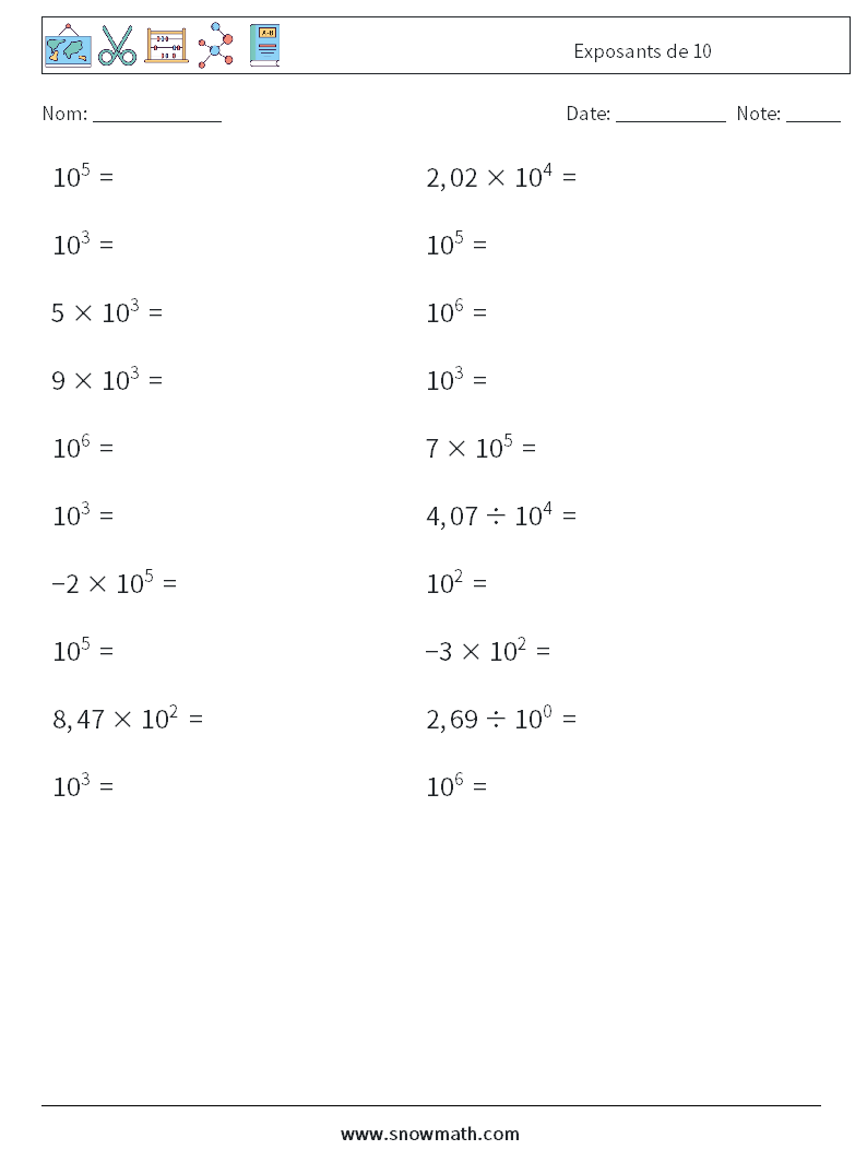 Exposants de 10 Fiches d'Exercices de Mathématiques 8