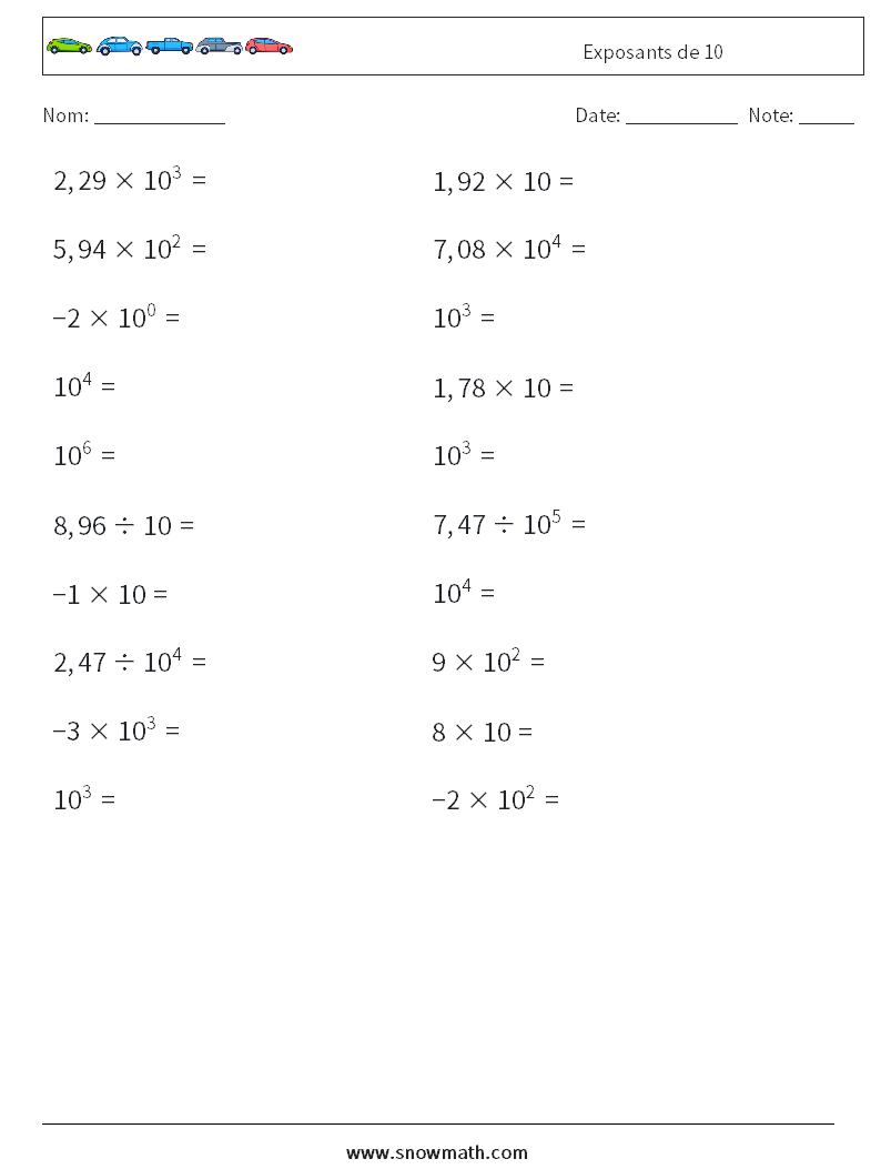 Exposants de 10 Fiches d'Exercices de Mathématiques 9