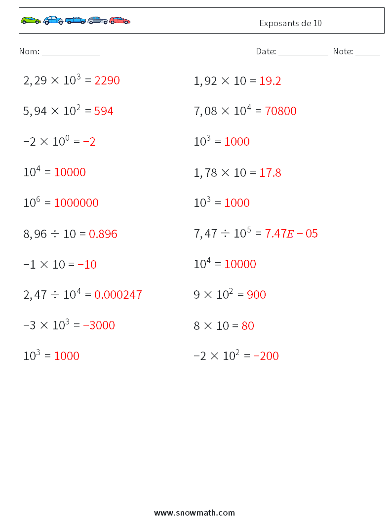 Exposants de 10 Fiches d'Exercices de Mathématiques 9 Question, Réponse