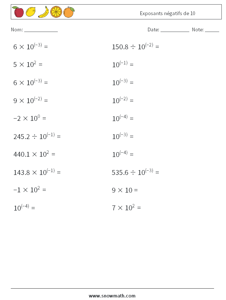 Exposants négatifs de 10 Fiches d'Exercices de Mathématiques 1