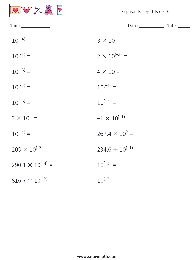 Exposants négatifs de 10 Fiches d'Exercices de Mathématiques 2