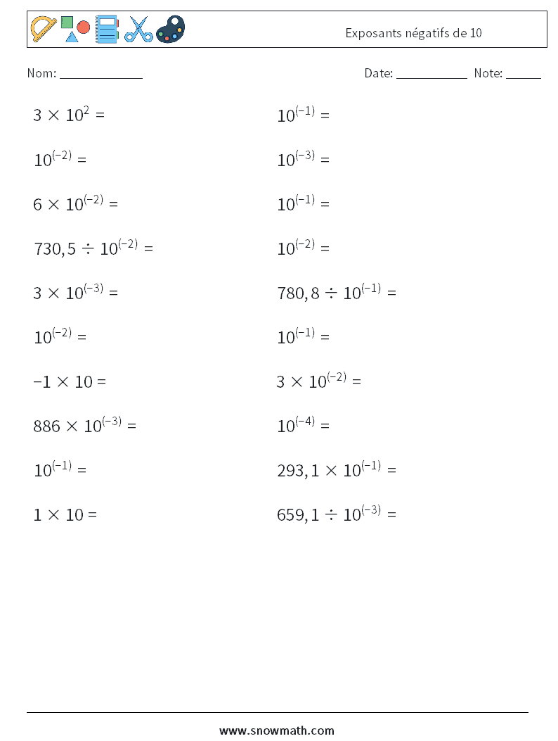 Exposants négatifs de 10 Fiches d'Exercices de Mathématiques 3