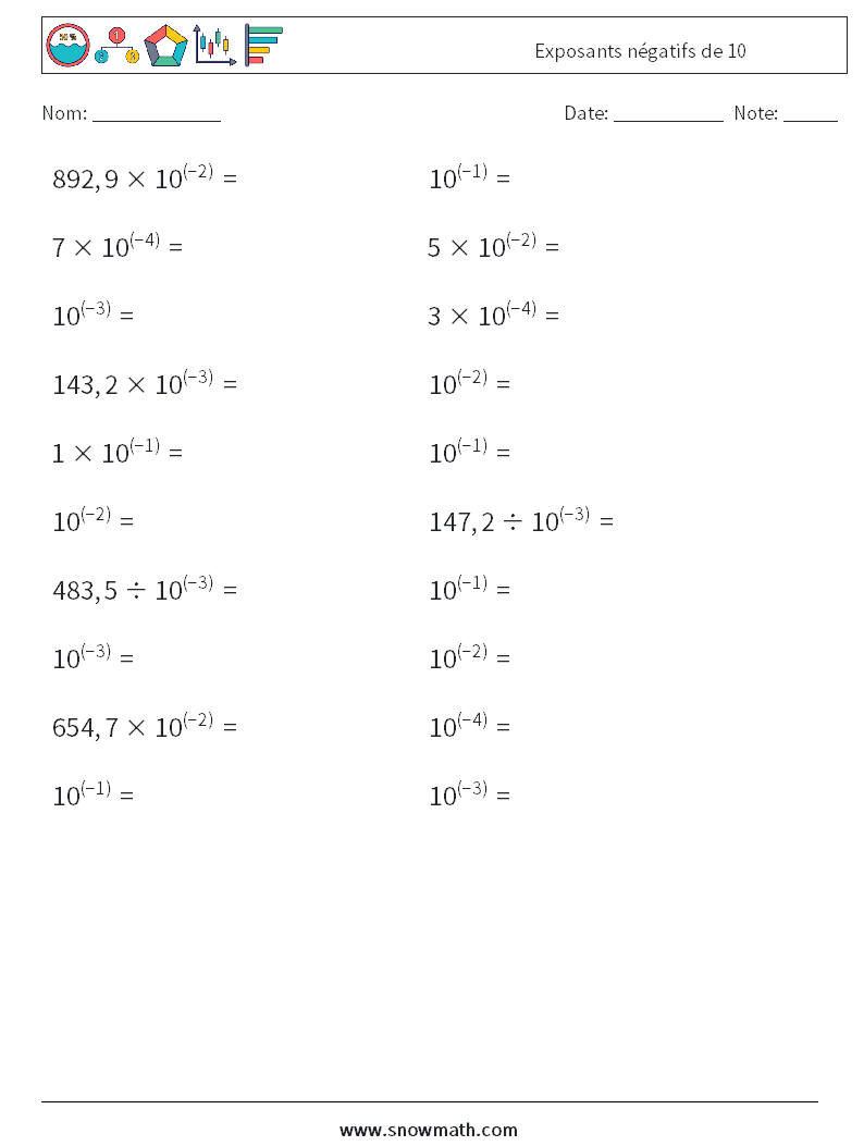 Exposants négatifs de 10 Fiches d'Exercices de Mathématiques 4