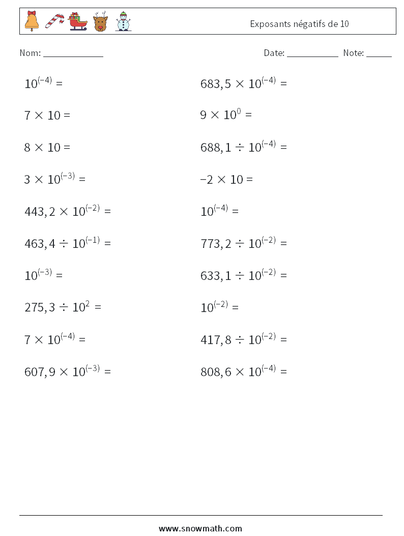Exposants négatifs de 10 Fiches d'Exercices de Mathématiques 5