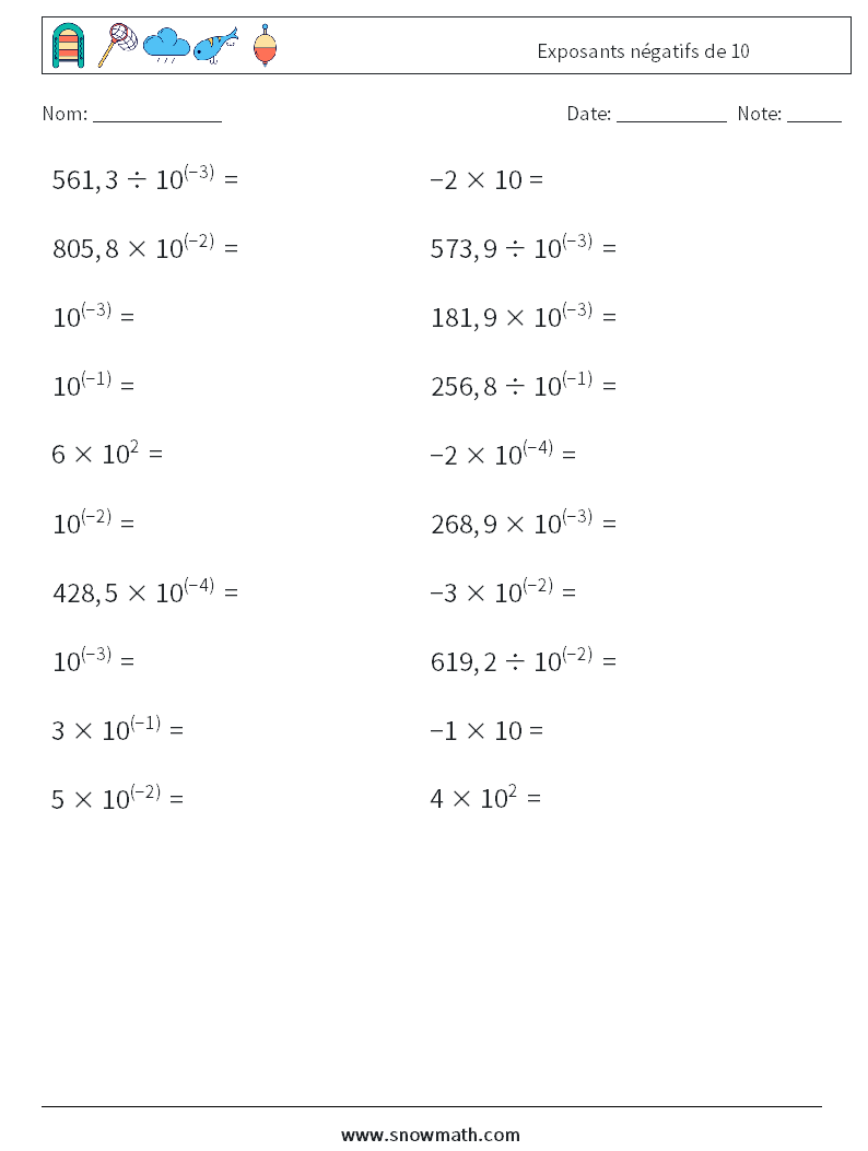 Exposants négatifs de 10 Fiches d'Exercices de Mathématiques 6