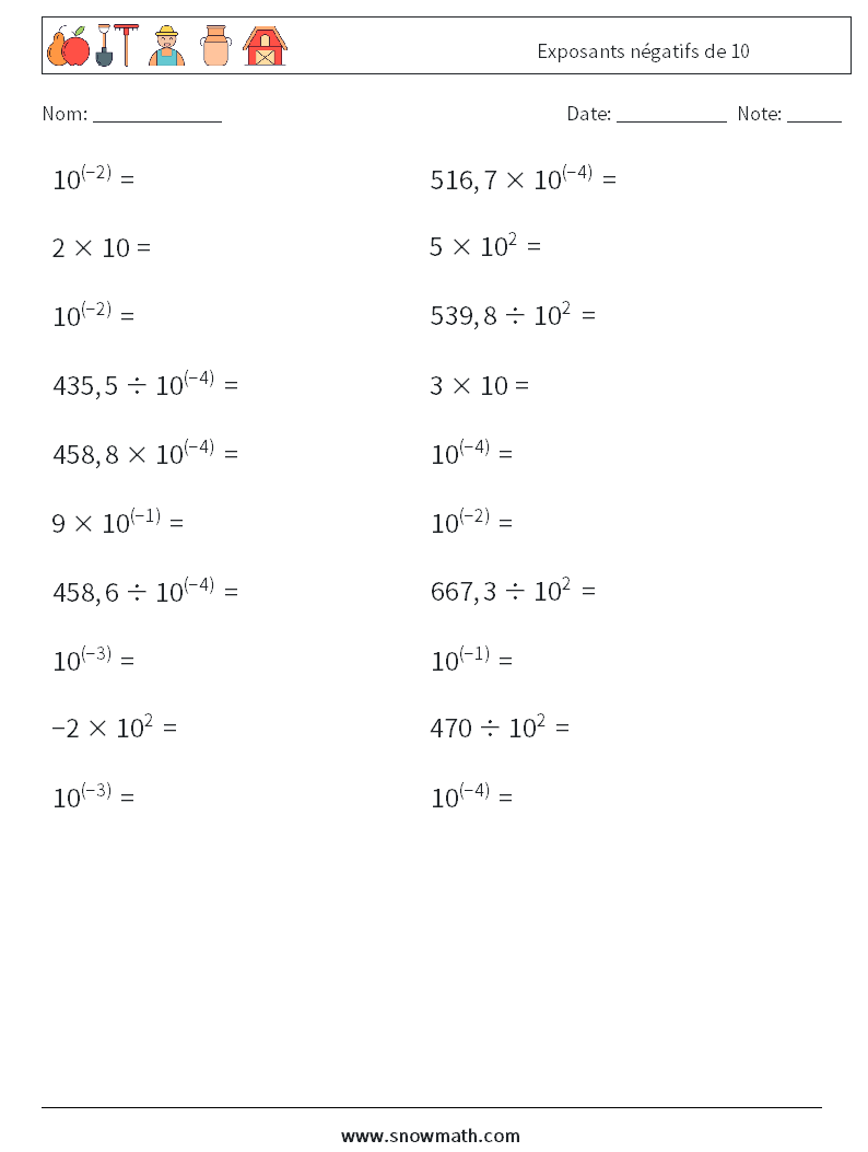 Exposants négatifs de 10 Fiches d'Exercices de Mathématiques 8