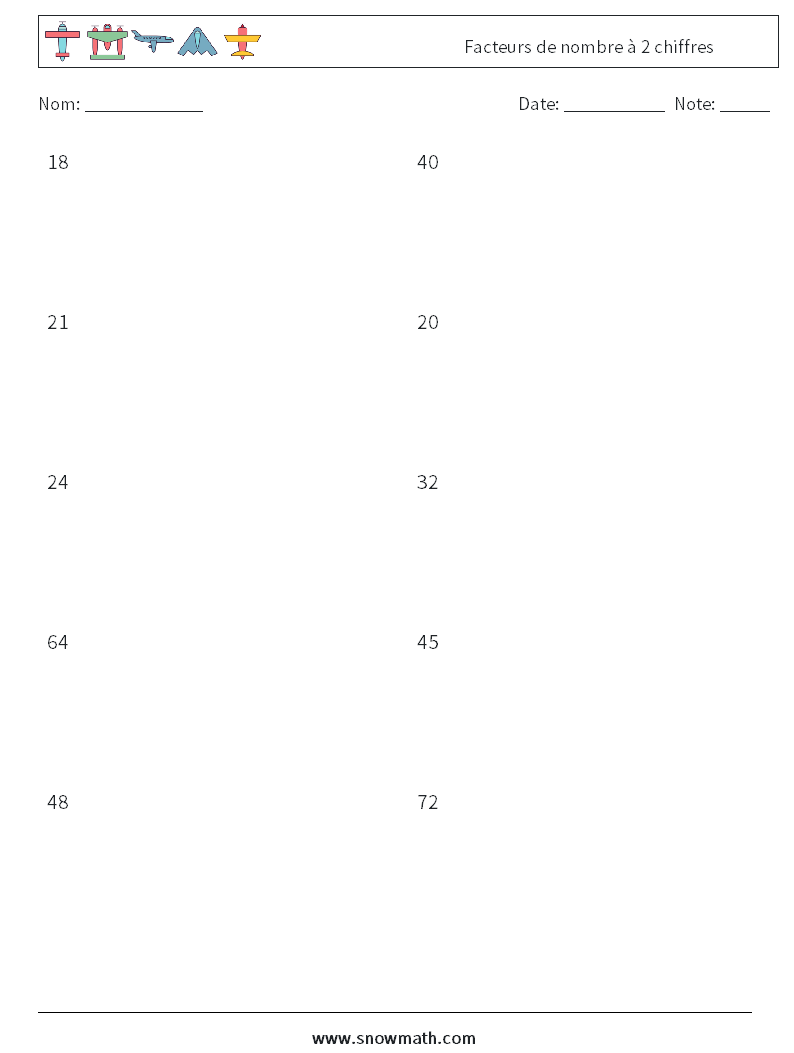 Facteurs de nombre à 2 chiffres Fiches d'Exercices de Mathématiques 3