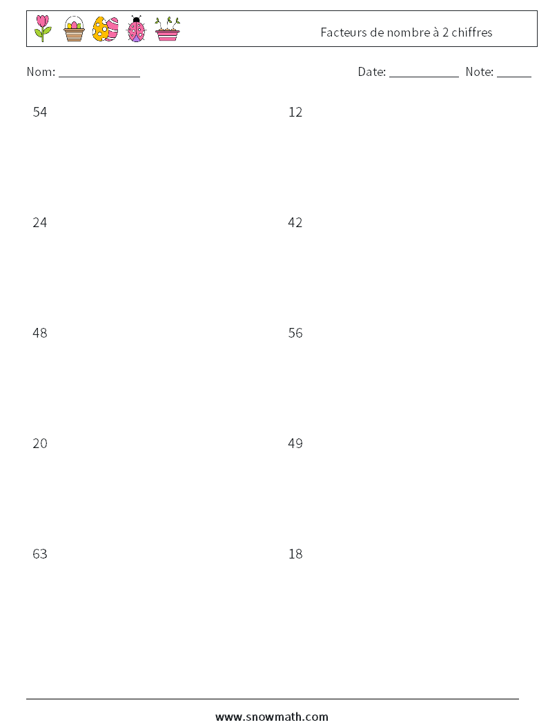 Facteurs de nombre à 2 chiffres Fiches d'Exercices de Mathématiques 6
