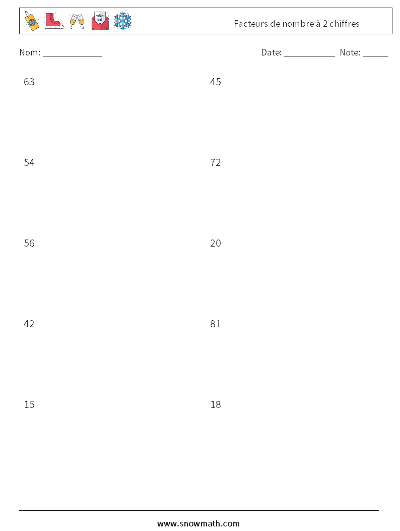 Facteurs de nombre à 2 chiffres Fiches d'Exercices de Mathématiques 8