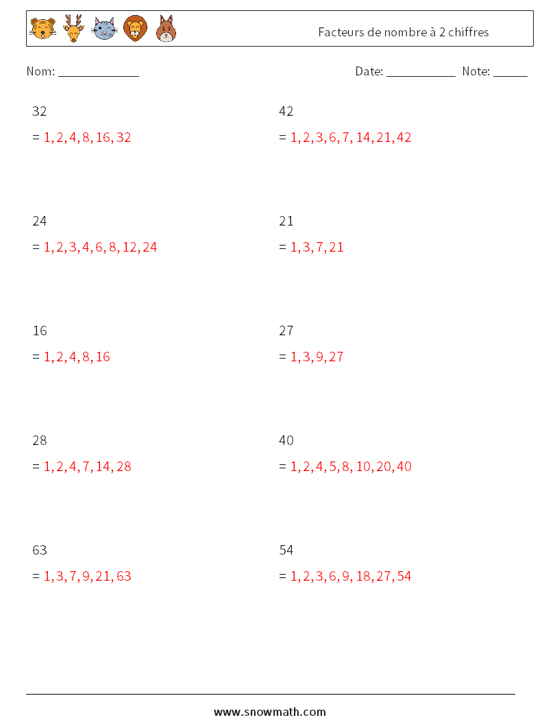 Facteurs de nombre à 2 chiffres Fiches d'Exercices de Mathématiques 9 Question, Réponse