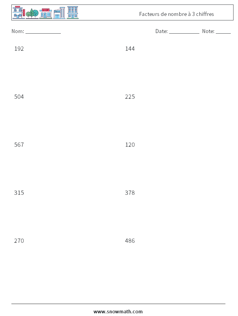 Facteurs de nombre à 3 chiffres Fiches d'Exercices de Mathématiques 3