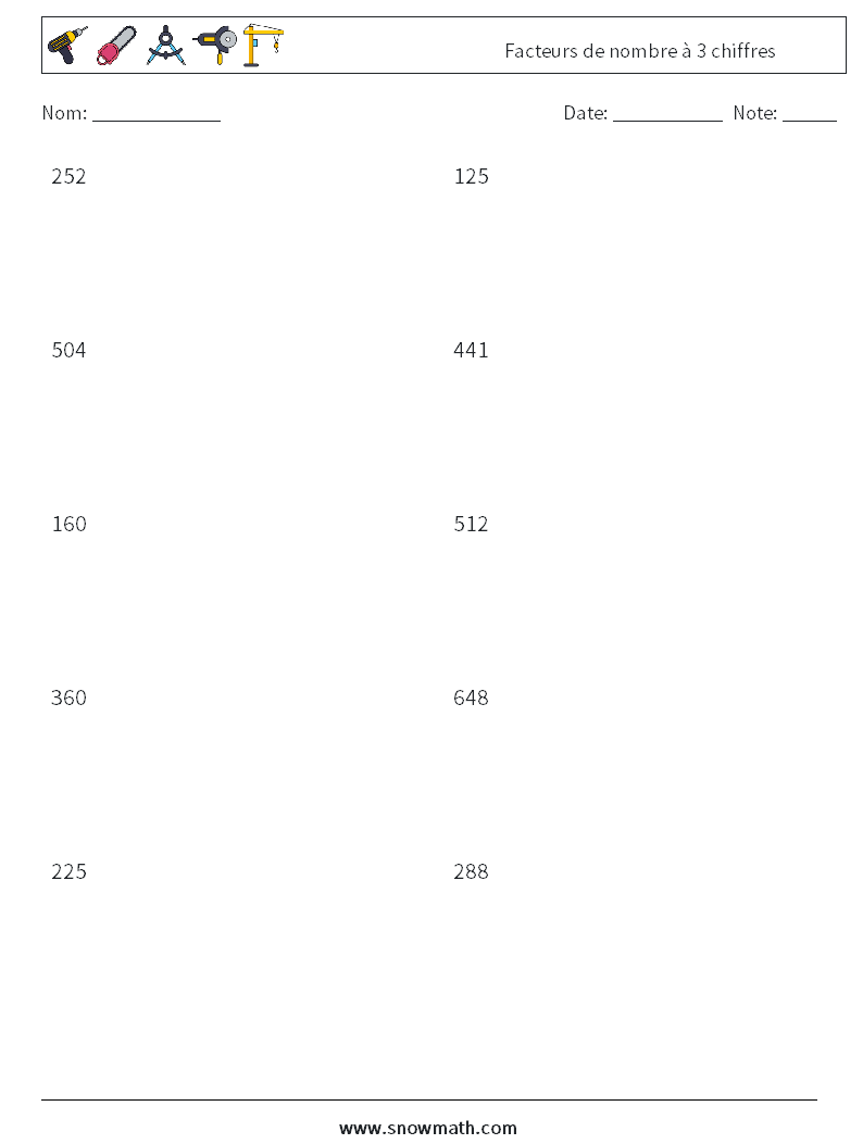 Facteurs de nombre à 3 chiffres Fiches d'Exercices de Mathématiques 8