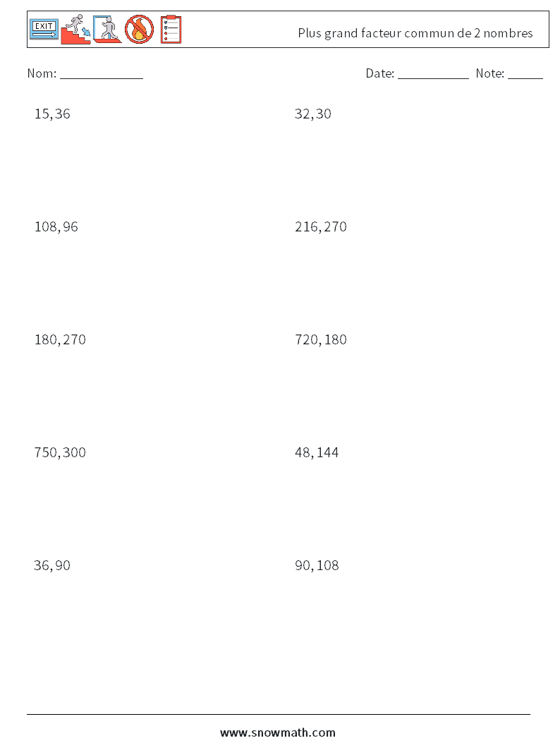 Plus grand facteur commun de 2 nombres Fiches d'Exercices de Mathématiques 1