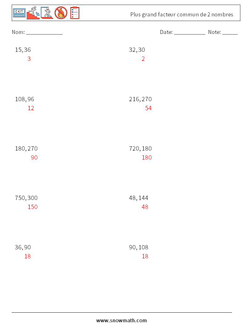 Plus grand facteur commun de 2 nombres Fiches d'Exercices de Mathématiques 1 Question, Réponse