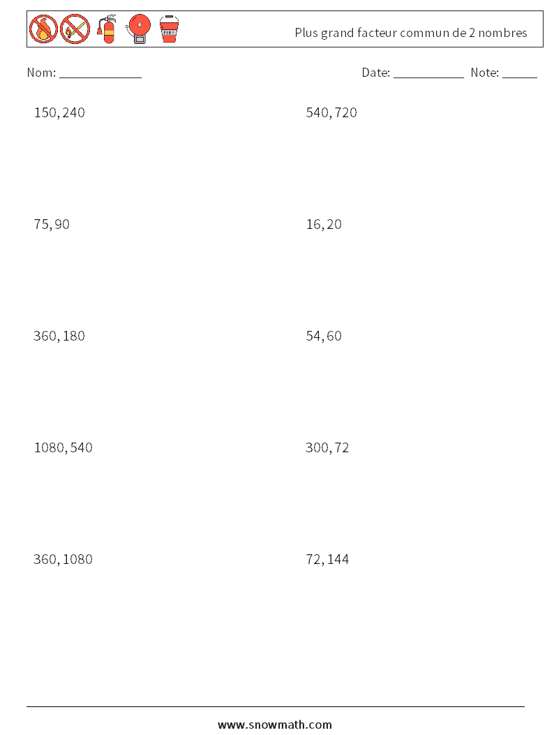 Plus grand facteur commun de 2 nombres Fiches d'Exercices de Mathématiques 2