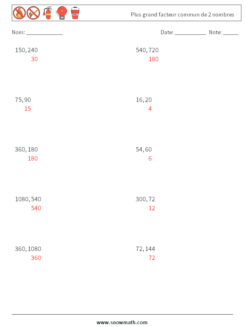 Plus grand facteur commun de 2 nombres Fiches d'Exercices de Mathématiques 2 Question, Réponse