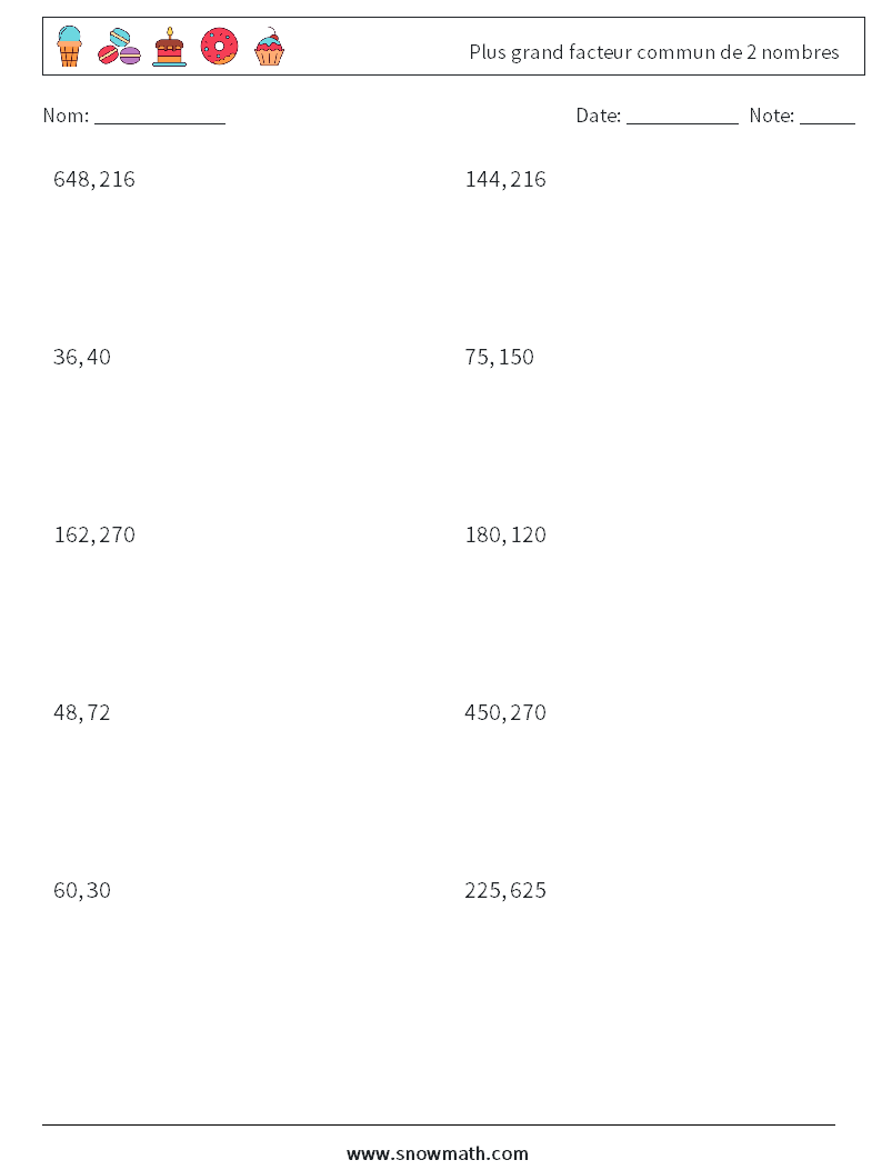 Plus grand facteur commun de 2 nombres Fiches d'Exercices de Mathématiques 5