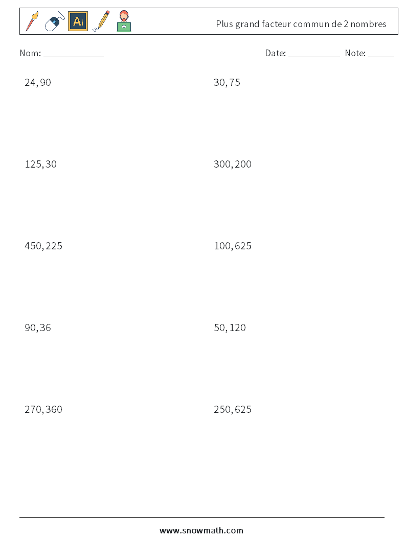 Plus grand facteur commun de 2 nombres Fiches d'Exercices de Mathématiques 6