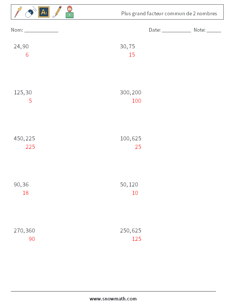 Plus grand facteur commun de 2 nombres Fiches d'Exercices de Mathématiques 6 Question, Réponse