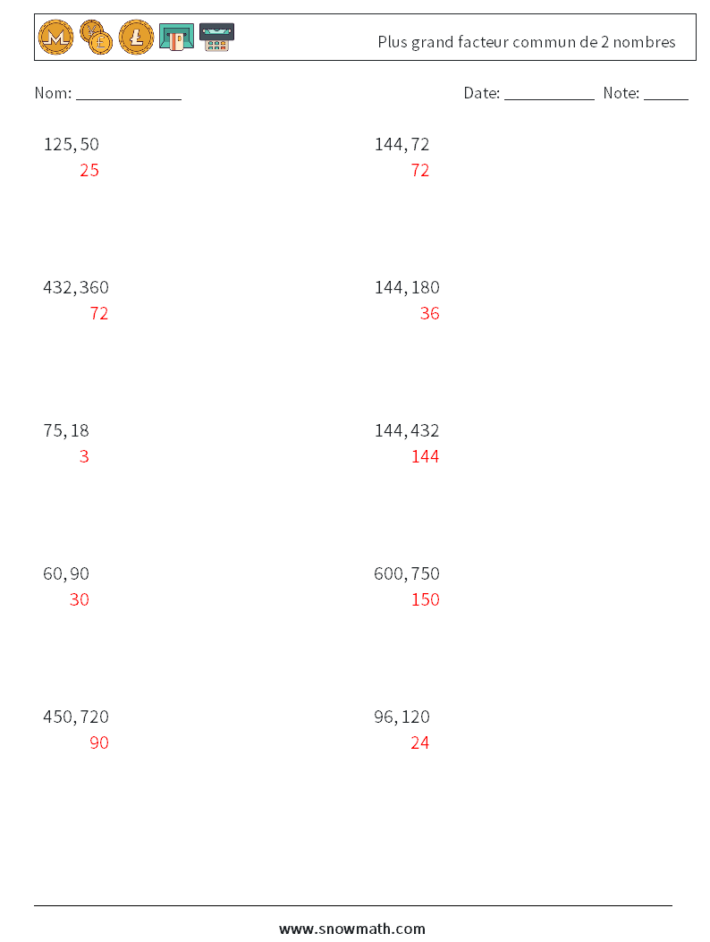 Plus grand facteur commun de 2 nombres Fiches d'Exercices de Mathématiques 7 Question, Réponse