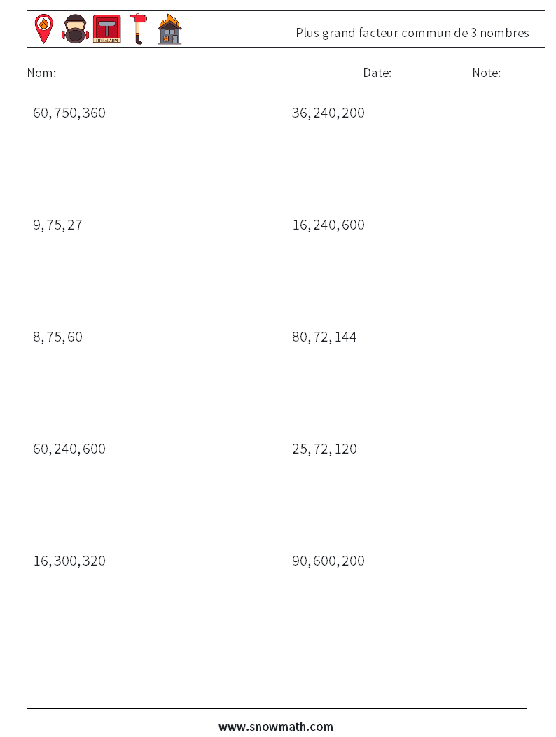 Plus grand facteur commun de 3 nombres Fiches d'Exercices de Mathématiques 2