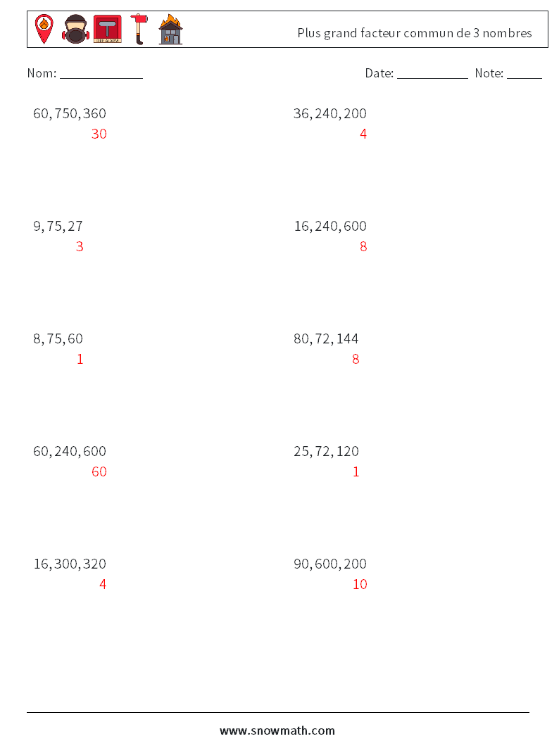 Plus grand facteur commun de 3 nombres Fiches d'Exercices de Mathématiques 2 Question, Réponse