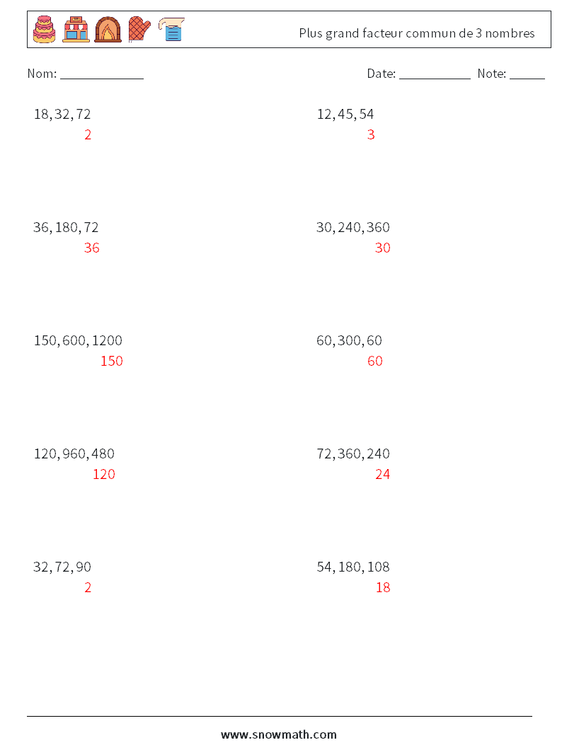 Plus grand facteur commun de 3 nombres Fiches d'Exercices de Mathématiques 3 Question, Réponse