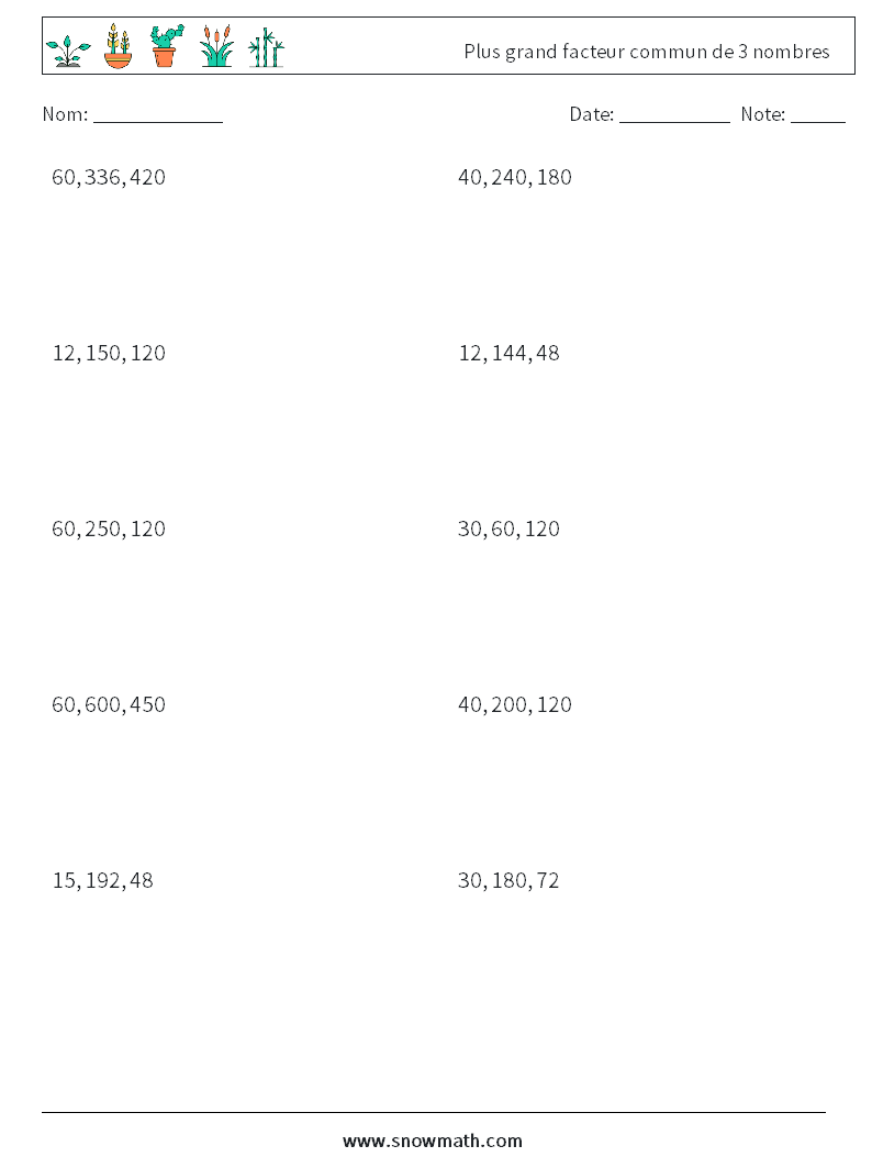 Plus grand facteur commun de 3 nombres Fiches d'Exercices de Mathématiques 4