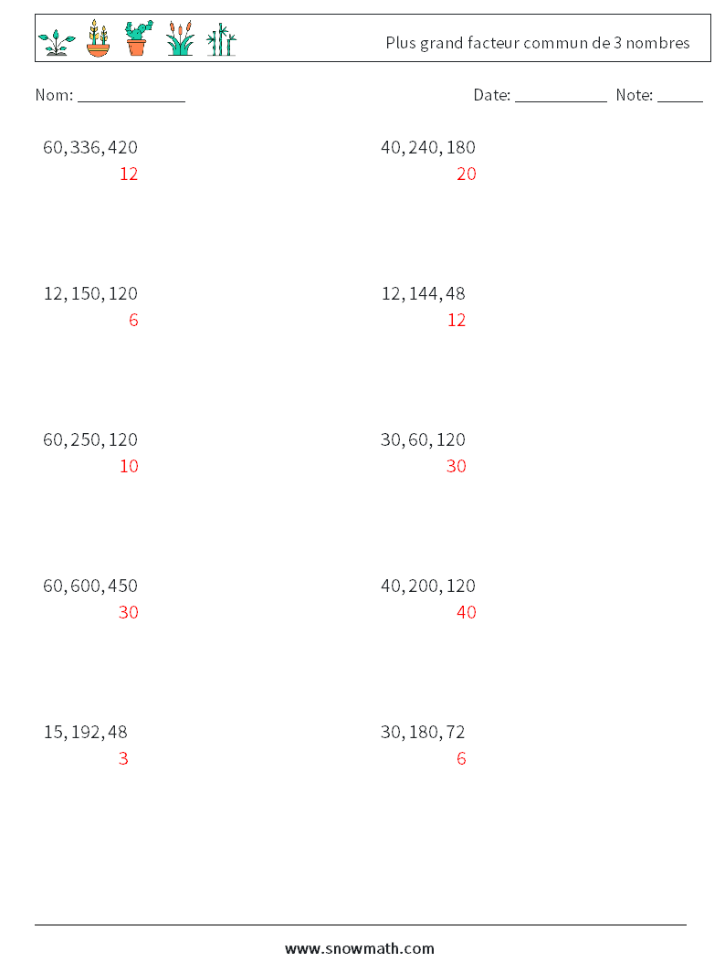 Plus grand facteur commun de 3 nombres Fiches d'Exercices de Mathématiques 4 Question, Réponse