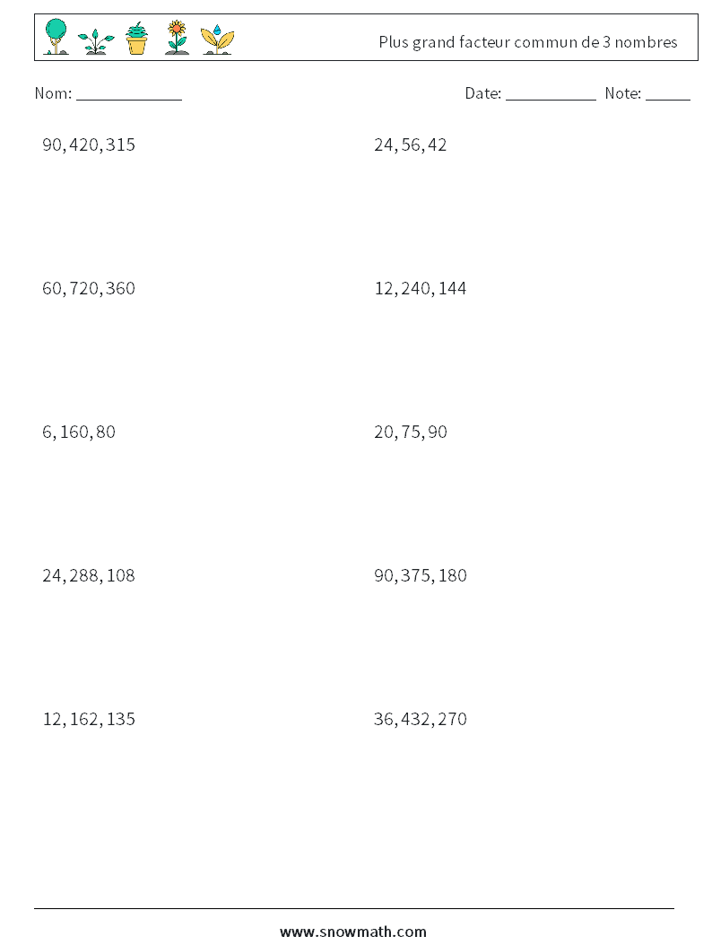 Plus grand facteur commun de 3 nombres Fiches d'Exercices de Mathématiques 5