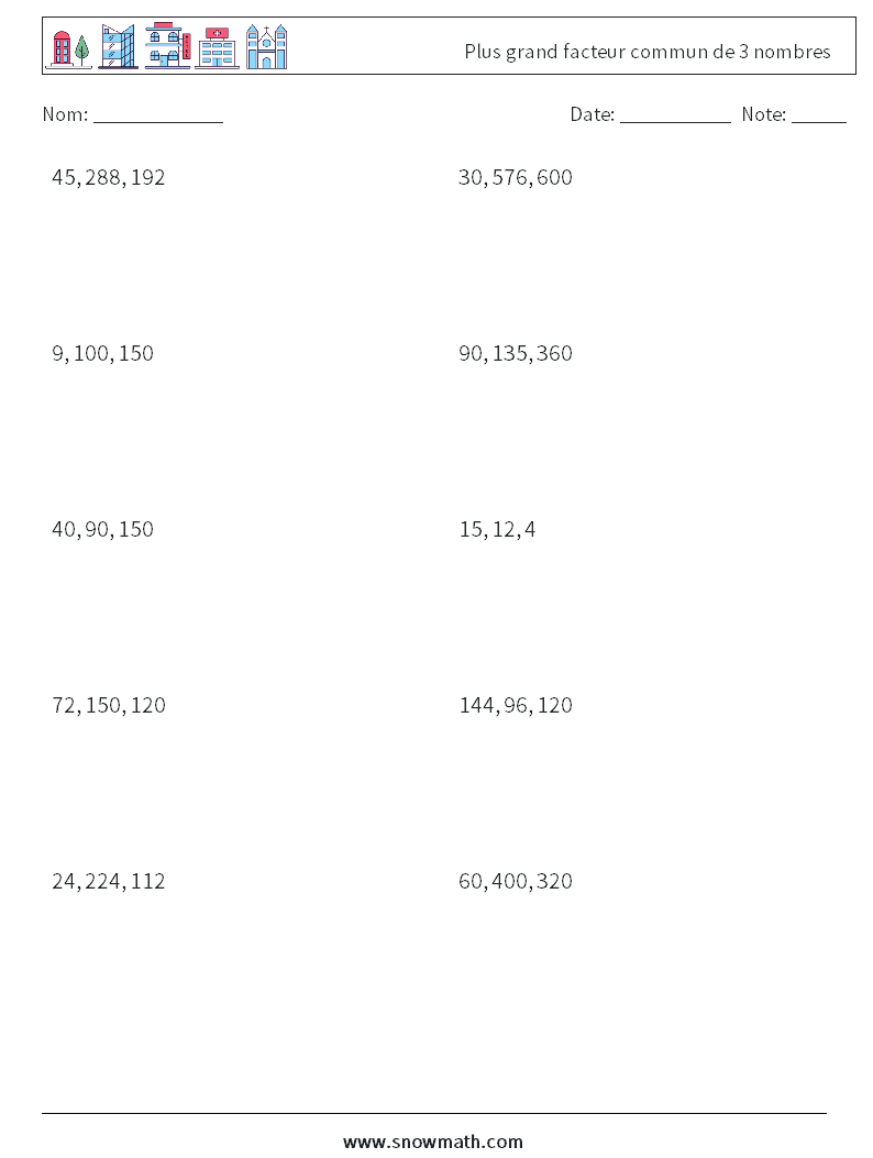 Plus grand facteur commun de 3 nombres Fiches d'Exercices de Mathématiques 6