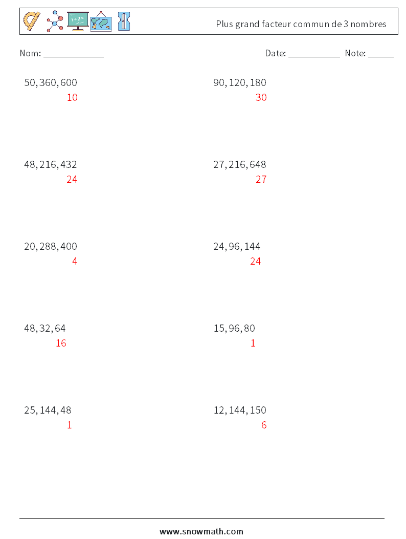 Plus grand facteur commun de 3 nombres Fiches d'Exercices de Mathématiques 7 Question, Réponse