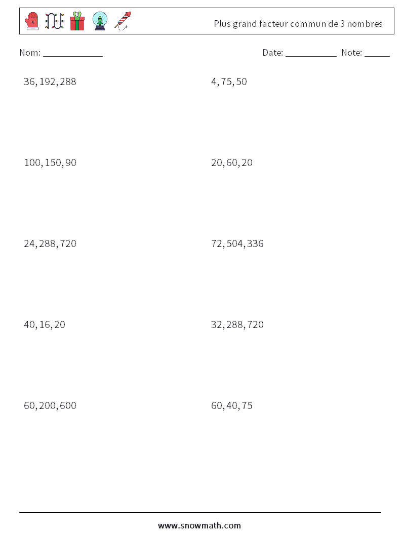 Plus grand facteur commun de 3 nombres Fiches d'Exercices de Mathématiques 8